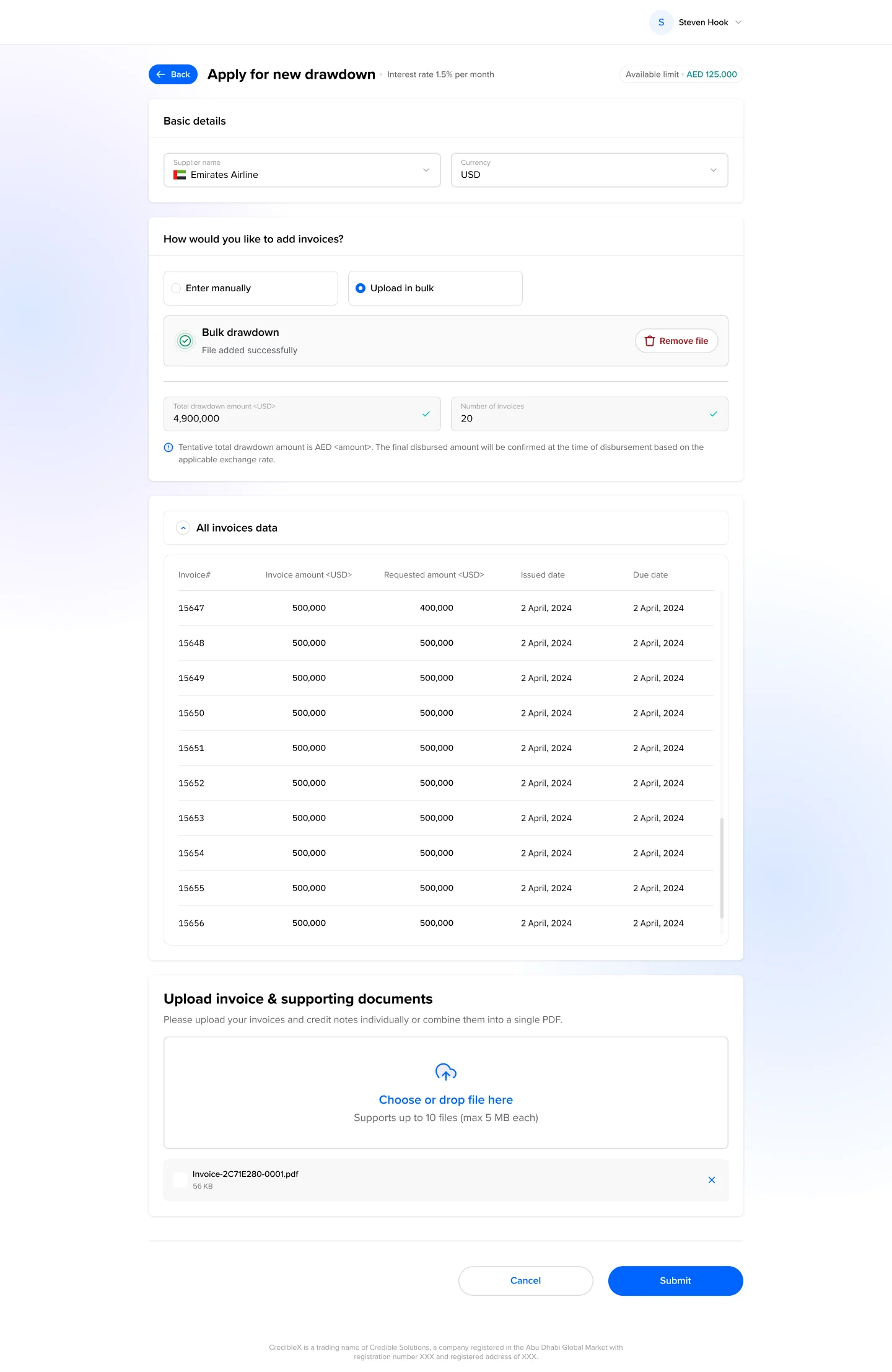All invoices in a structured table, ready for submission
