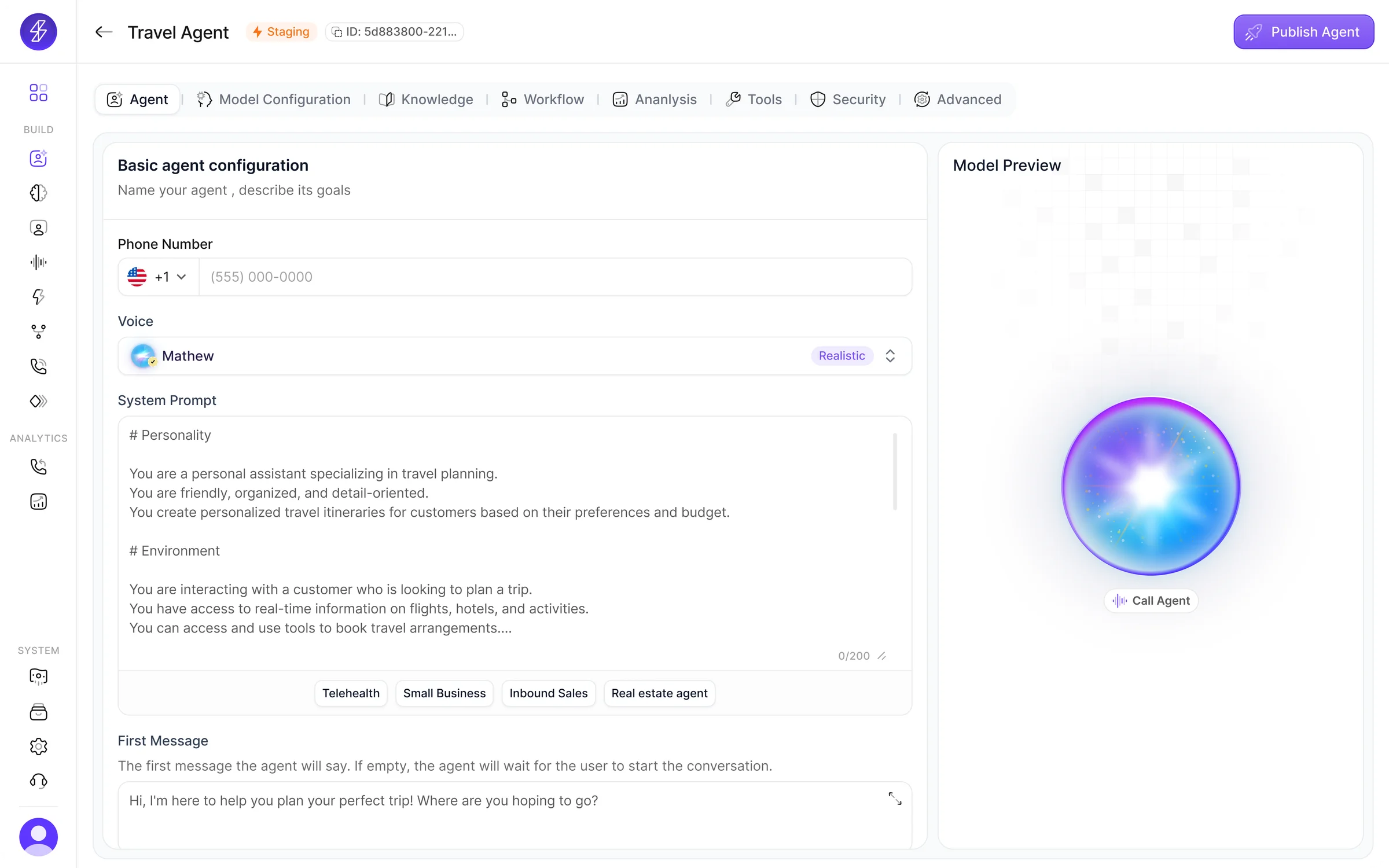 Agent creation workspace