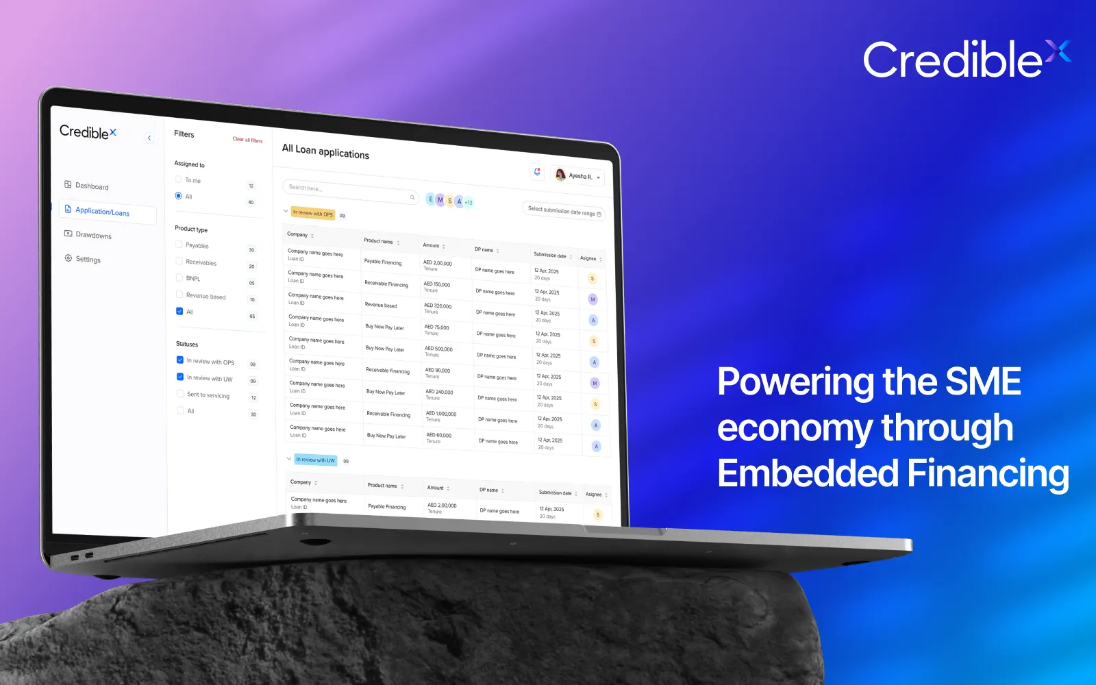 CredibleX SME drawdown dashboard with invoice upload and disbursement tracking