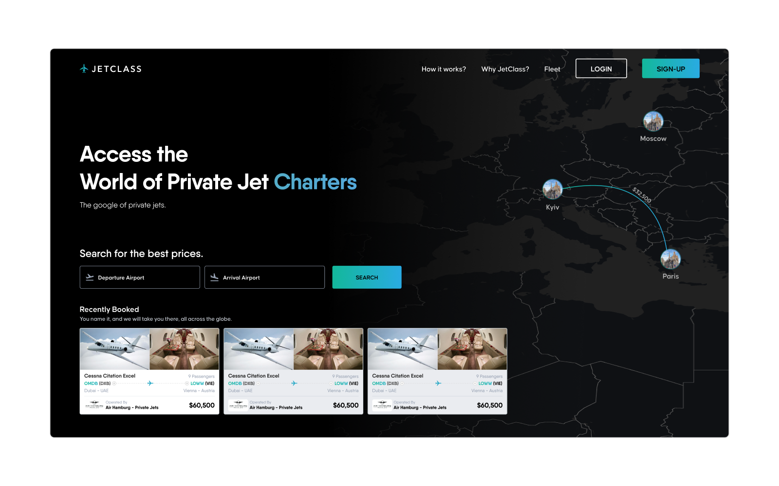 Jet Class private aviation booking platform with flight selection interface
